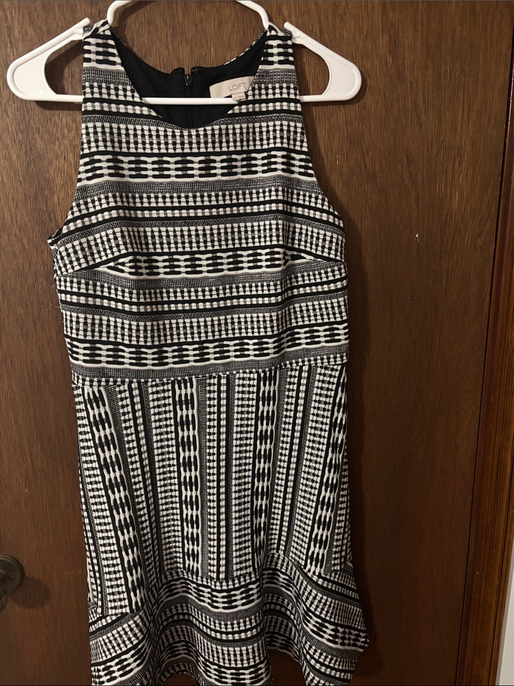 LOFT Black and White Geometric Fit-and-Flare Dress